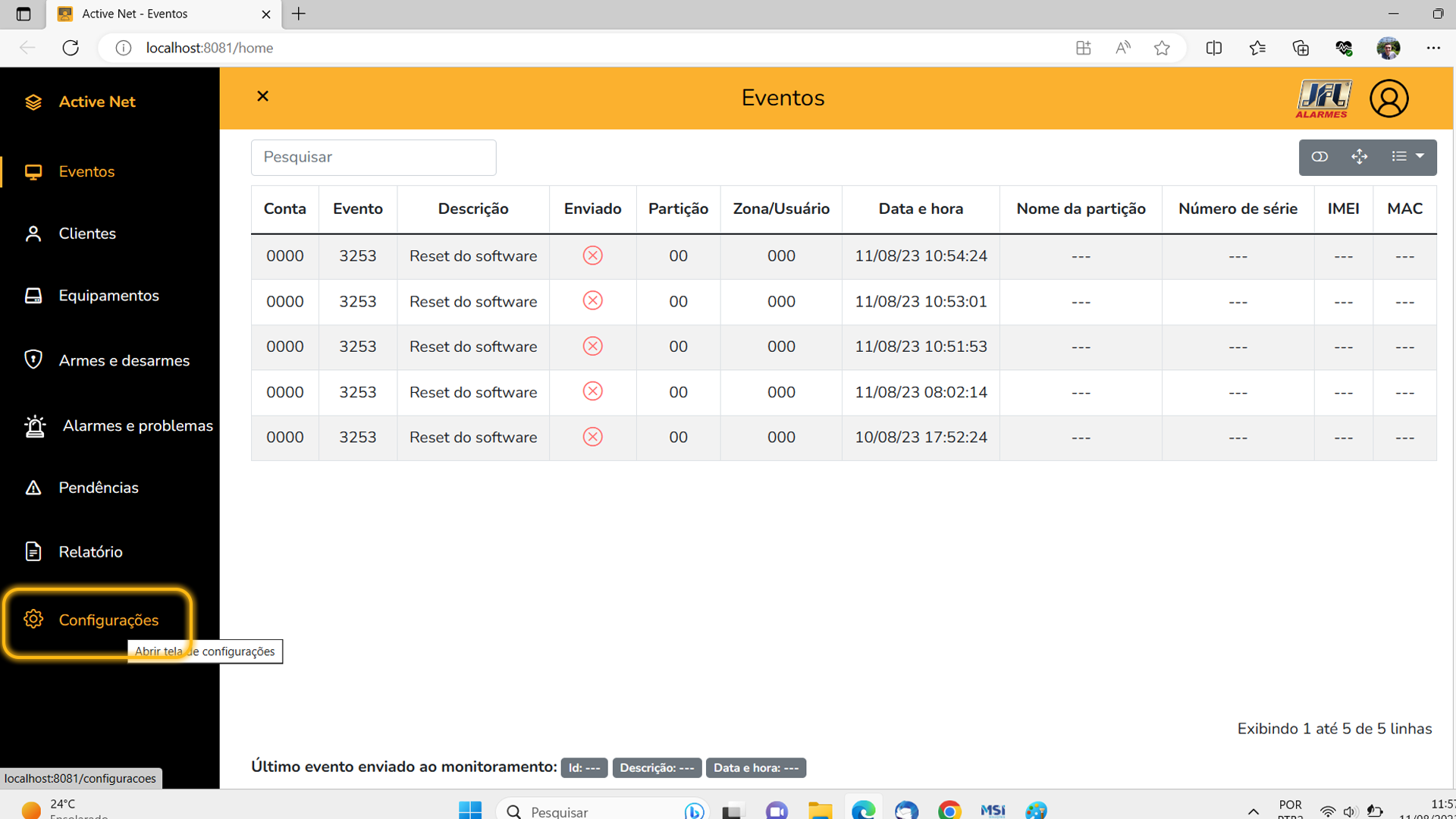 Plataforma do Active Net 3.0 aberta, no menu lateral esquerdo, localize o ícone Configurações.