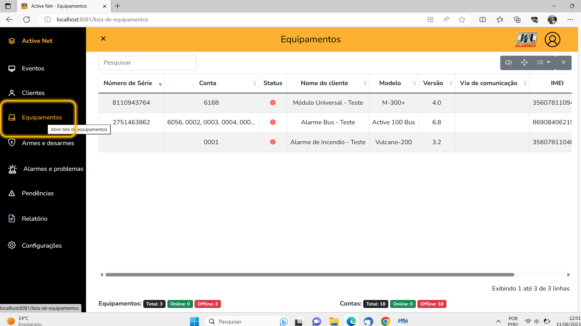 Os dados dos clientes importados estarão na aba de Equipamentos.